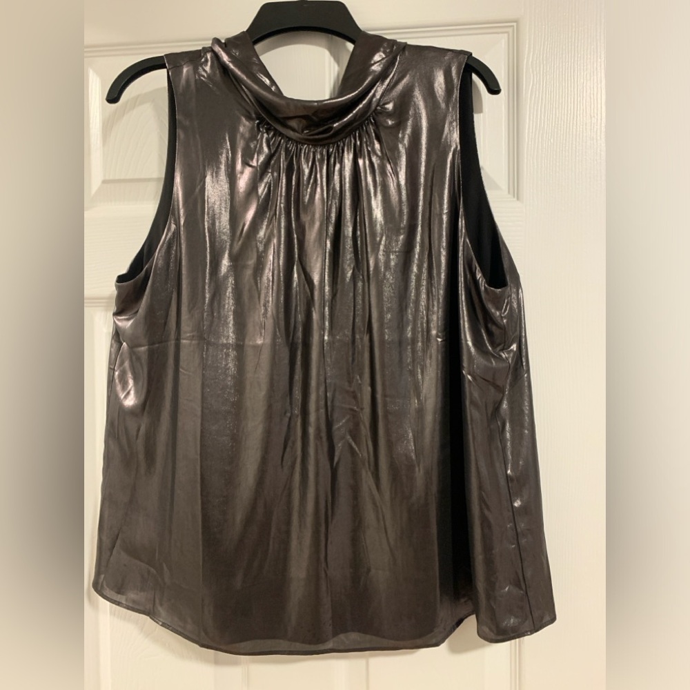 White House Black Market shiny metallic color tie neck sleeveless top size xl